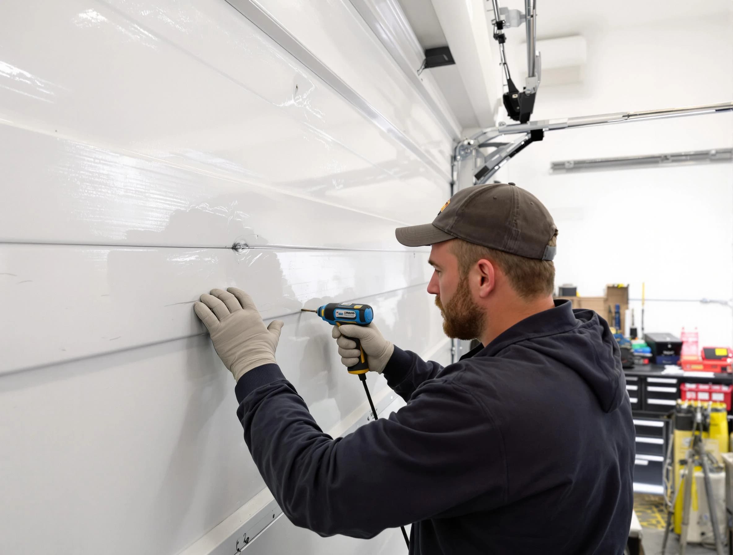 The Pinery Garage Door Repair technician demonstrating precision dent removal techniques on a The Pinery garage door