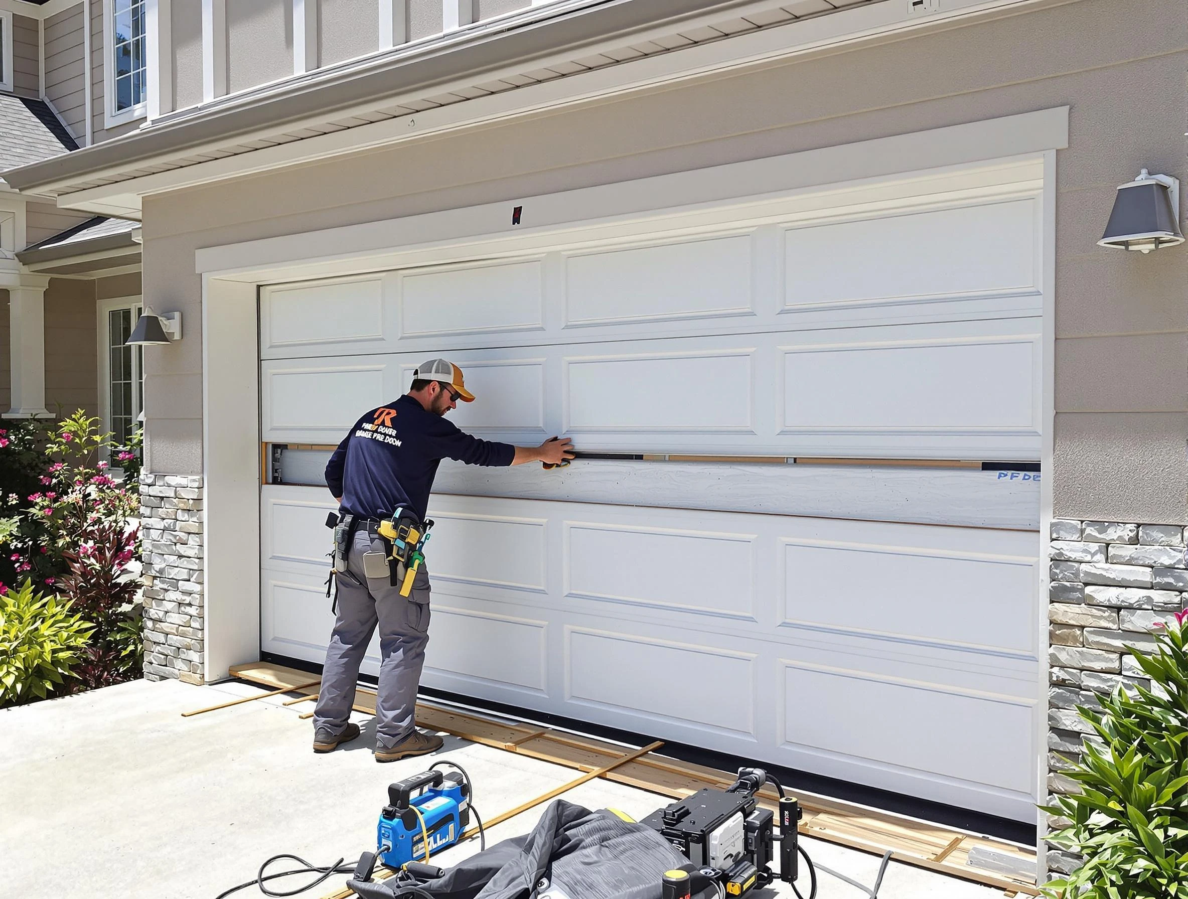 The Pinery Garage Door Repair team performing complete garage door replacement at The Pinery residence